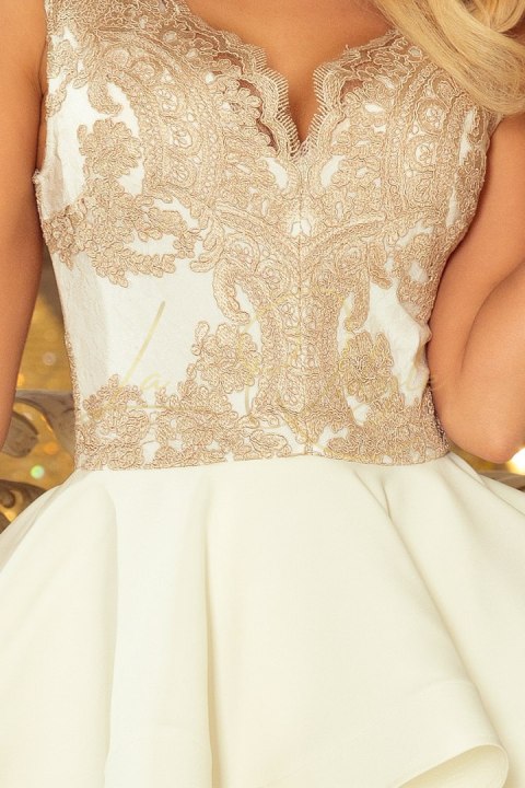 Ekskluzywna sukienka z koronkowym dekoltem ZŁOTO-BEŻOWA ECRU