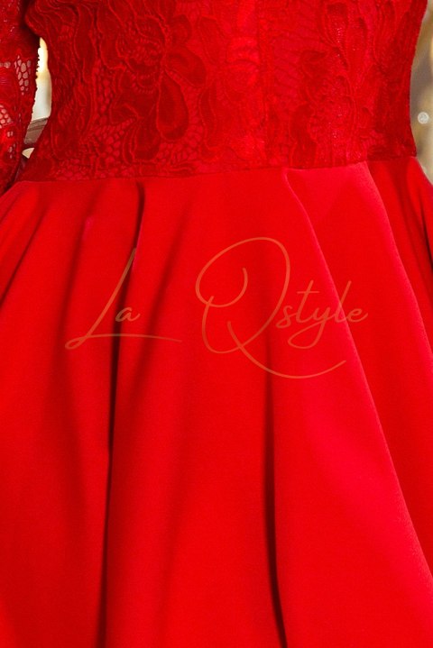 Sukienka z dłuższym tyłem z koronkowym dekoltem CZERWONA