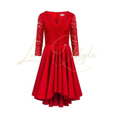 Sukienka z dłuższym tyłem z koronkowym dekoltem CZERWONA