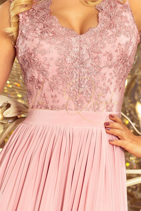 Długa suknia bez rękawków z haftowanym dekoltem TAUPE