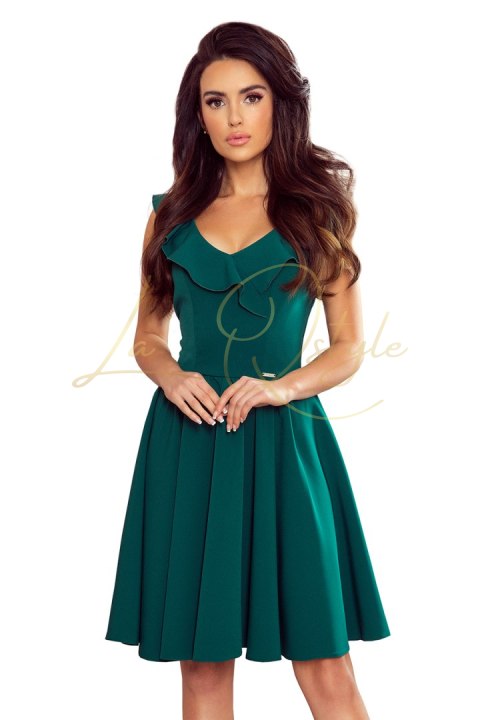 Sukienka z falbankami na dekolcie BUTELKOWA ZIELEŃ