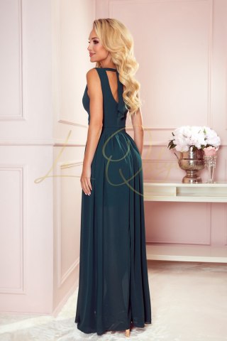 JUSTINE Długa suknia z dekoltem i wiązaniem ZIELEŃ BUTELKOWA