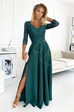 Elegancka koronkowa długa suknia z dekoltem ZIELEŃ BUTELKOWA