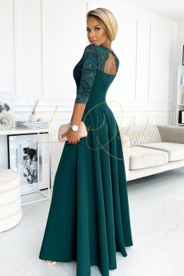 Elegancka koronkowa długa suknia z dekoltem ZIELEŃ BUTELKOWA