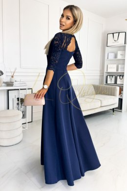 Elegancka koronkowa długa suknia z dekoltem GRANATOWA