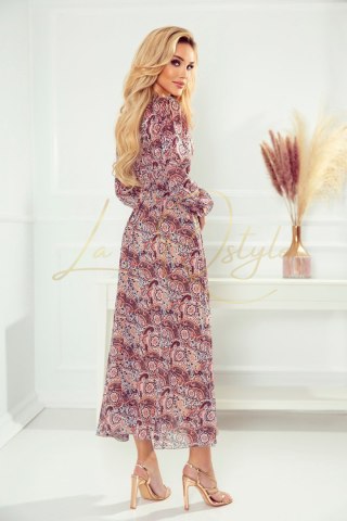 378-1 Szyfonowa sukienka MIDI - brązowy wzór BOHO
