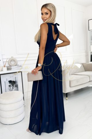 JUSTINE Długa suknia z dekoltem i wiązaniem GRANATOWA