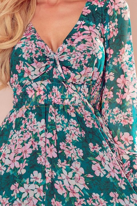 MONICA szyfonowa sukienka z wiązanym dekoltem - RÓŻOWE KWIATY NA ZIELONYM TLE