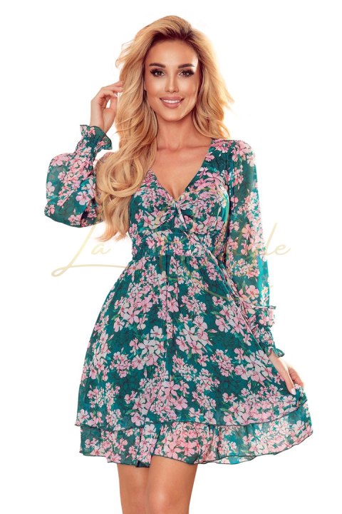 MONICA szyfonowa sukienka z wiązanym dekoltem - RÓŻOWE KWIATY NA ZIELONYM TLE