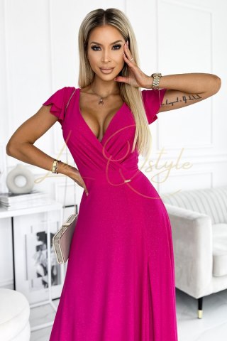 CRYSTAL połyskująca długa suknia z dekoltem FUKSJA