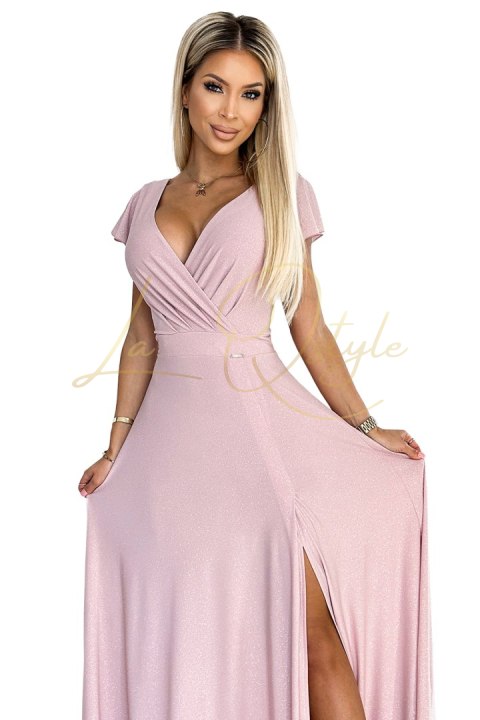 Połyskująca długa suknia z dekoltem BRUDNY RÓŻ