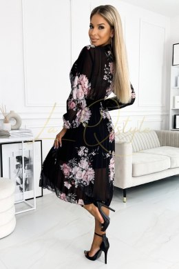 Plisowana sukienka midi z guziczkami i długim rękawkiem - RÓŻE na czarnym tle