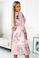 Plisowana sukienka midi z guziczkami i długim rękawkiem - RÓŻE na tle pastelowego różu
