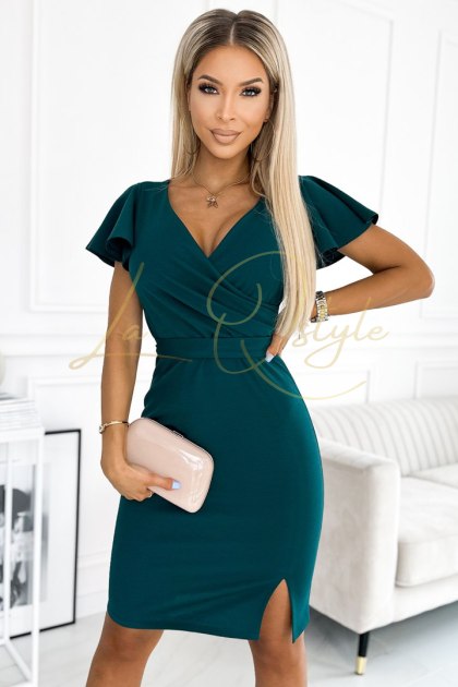 NINA sukienka z kopertowym dekoltem, rękawkiem i paskiem BUTELKOWA ZIELEŃ