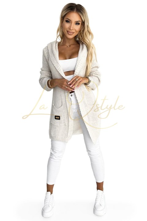 Kardigan - narzutka z kapturem, kieszonkami i naszywką BEŻOWY