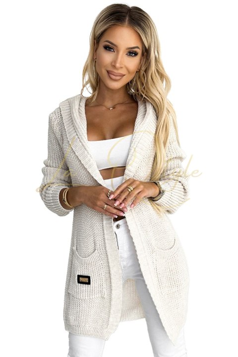 Kardigan - narzutka z kapturem, kieszonkami i naszywką BEŻOWY