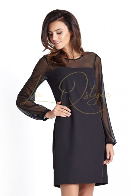 DANIELA klasyczna sukienka z długim siateczkowym rękawem CZARNA