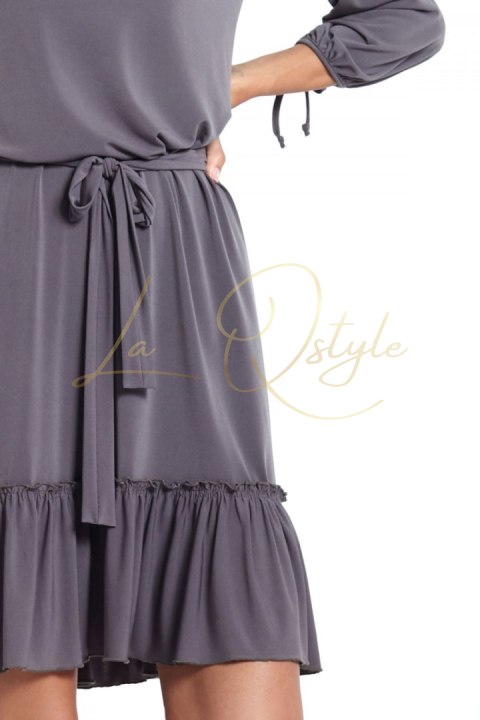 Minimalistyczna sukienka o luźnym kroju z falbaną GRAFITOWA