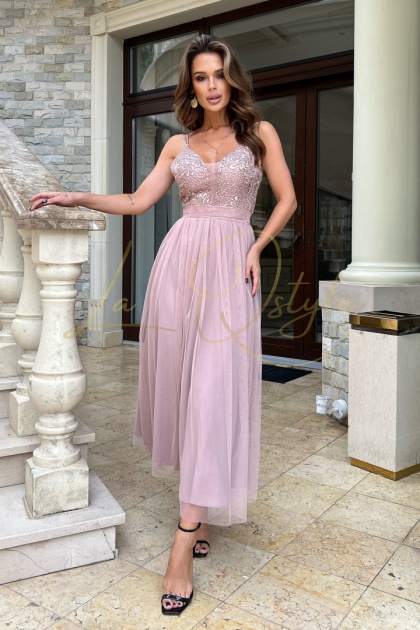 JULIA tiulowa sukienka midi z koronką SZAMPAŃSKI RÓŻ