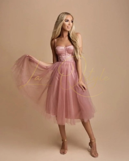 SIMONE tiulowa sukienka midi z gorsetem PUDROWY RÓŻ