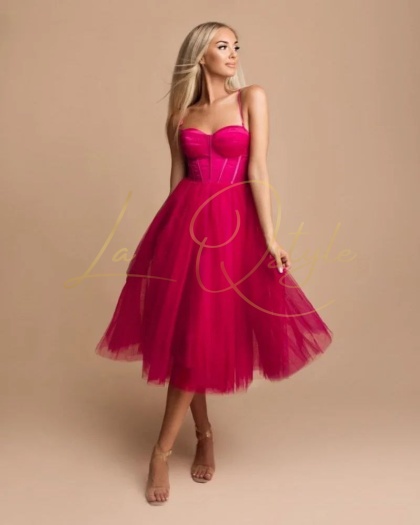 SIMONE tiulowa sukienka midi z gorsetem FUKSJA