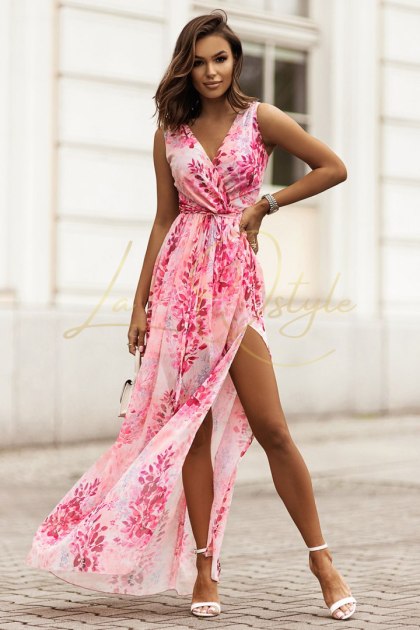 DOLORES długa szyfonowa sukienka z rozcieciem i gumką w talii RÓŻ W KWIATY