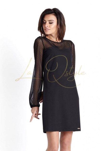 DANIELA klasyczna sukienka z długim siateczkowym rękawem CZARNA W KROPKI