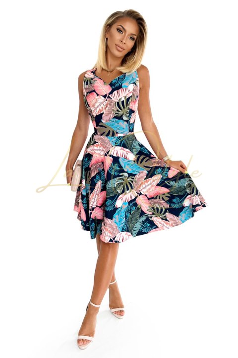 Rozkloszowana sukienka z dekoltem w kształcie serca GRANATOWA w różowe liście