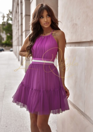 CRISTAL tiulowa krótka sukienka z paskiem MAGENTA