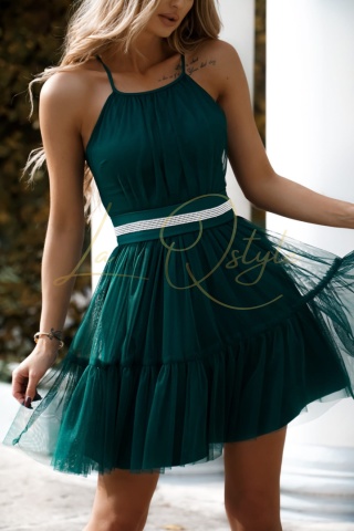 CRISTAL tiulowa krótka sukienka z paskiem BUTELKOWA ZIELEŃ