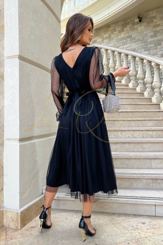 ALIZEE błyszcząca sukienka midi z długim rękawem CZARNA