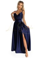 Elegancka maxi długa satynowa suknia na ramiączkach GRANATOWA