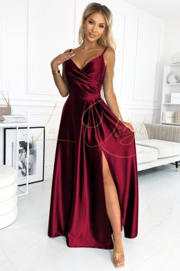 Elegancka maxi długa satynowa suknia na ramiączkach BORDOWA
