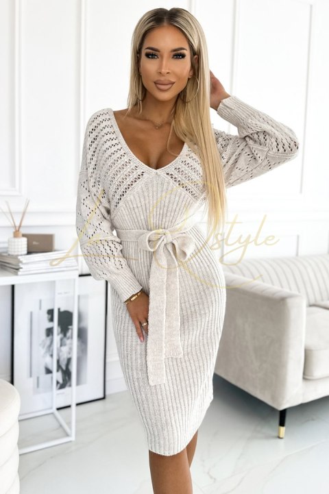 Ażurowa sweterkowa sukienka z dekoltem i wiązaniem BEŻOWA