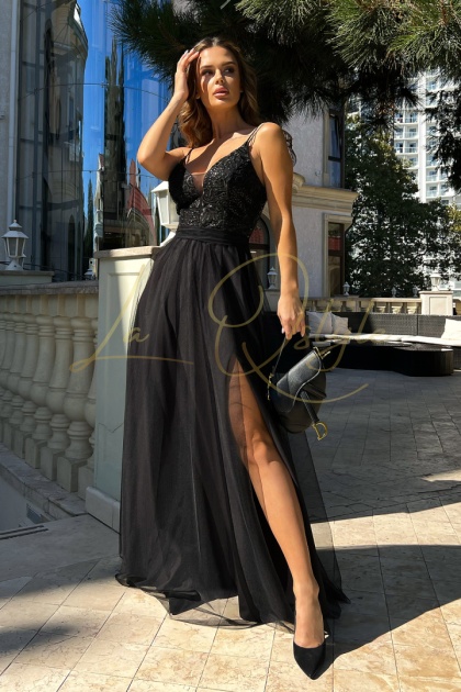 JULIA długa sukienka tiulowa z rozcięciem i koronką CZARNA