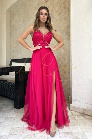 JULIA długa sukienka tiulowa z rozcięciem i koronką MALINOWA