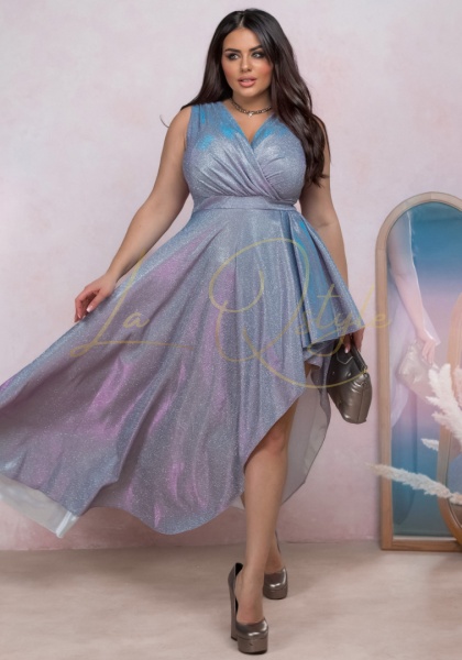 ELIF brokatowa asymetryczna sukienka na szerokich ramiączkach MULTI BŁĘKIT-ROŻ