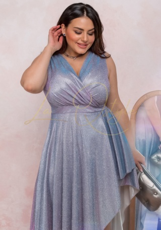 ELIF brokatowa asymetryczna sukienka na szerokich ramiączkach MULTI BŁĘKIT-ROŻ