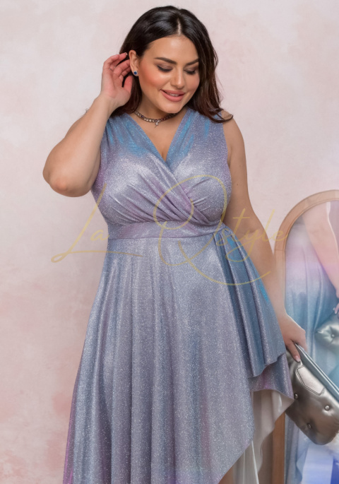 Brokatowa asymetryczna sukienka na szerokich ramiączkach MULTI BŁĘKIT-ROŻ