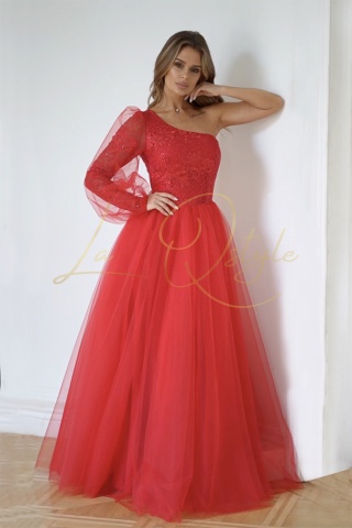 BELLA balowa sukienka tiulowa z jednym rękawem CZERWONA