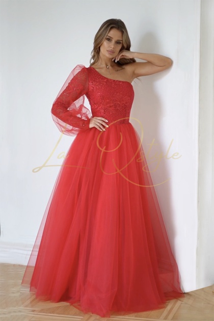 BELLA balowa sukienka tiulowa z jednym rękawem CZERWONA