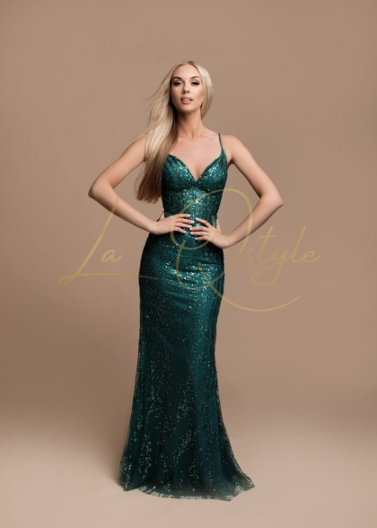 EVITA sukienka dopasowana brokatowa na ramiączkach BUTELKOWA ZIELEŃ