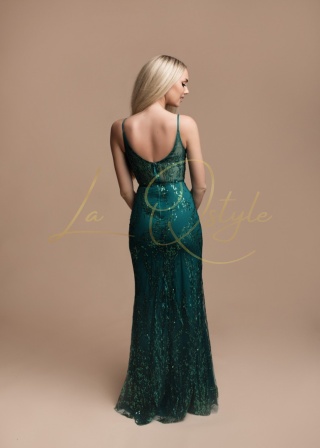 EVITA sukienka dopasowana brokatowa na ramiączkach BUTELKOWA ZIELEŃ