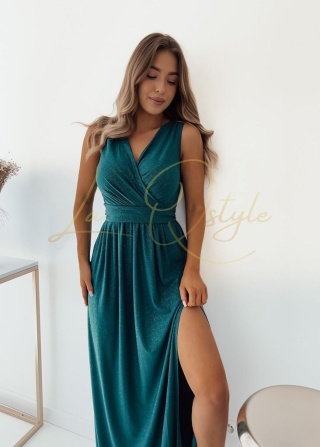 ATENA maxi brokatowa sukienka na szerokich ramiączkach ZIELONA