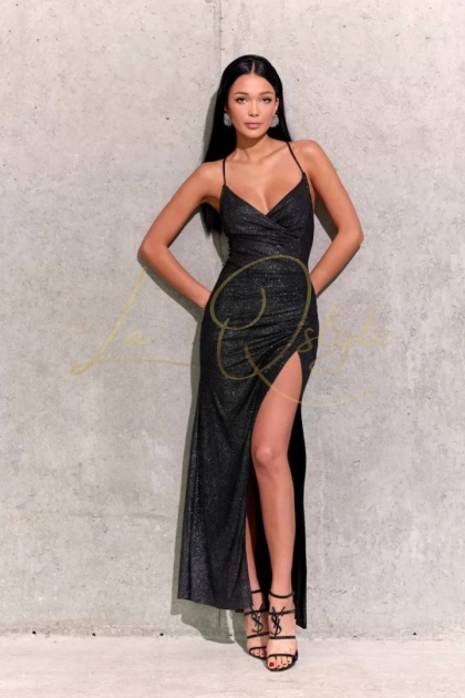 PATRICIA brokatowa dopasowana sukienka z odkrytymi plecami SREBRNA