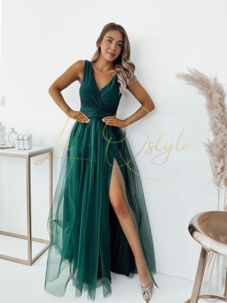 VICTORIA sukienka tiulowa z rozcięciem BUTELKOWA ZIELEŃ