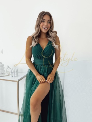 VICTORIA sukienka tiulowa z rozcięciem BUTELKOWA ZIELEŃ