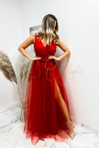 VICTORIA brokatowa sukienka tiulowa z rozcięciem CZERWONA