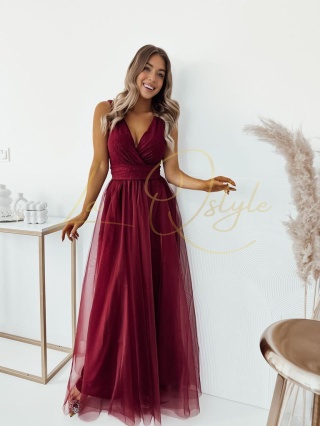 VICTORIA brokatowa sukienka tiulowa z rozcięciem BORDOWA