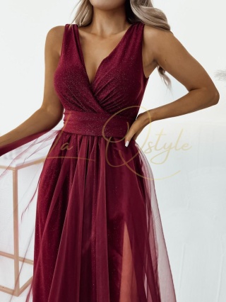 VICTORIA brokatowa sukienka tiulowa z rozcięciem BORDOWA